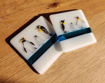 Cute Penguins on Ice Coaster - Family of Birds, Antarctic, South Pole, Southern Hemisphere, Blue Stripe, White Glass, Fluffy Chick, Nestling