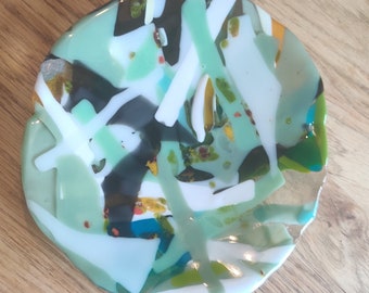 Abstract Wobbly Scrap Bowl of Joy! Melty Bowl, One of a Kind! Large, Round, Splodge, White, Mint Green, Grey, Upcycled, Re-use, Zero Waste.