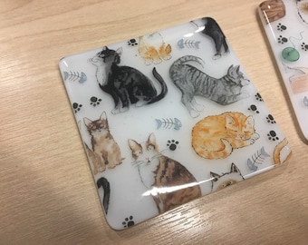 Cute Cat Coaster - Full Colour Print on White Glass