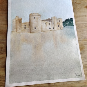 Dawn at Bodiam Original Watercolour Painting on Paper by Zena West. 14th Century Castle in East Sussex, One of a Kind. Moat, Mist, Water image 1