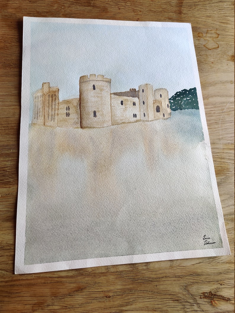 Dawn at Bodiam Original Watercolour Painting on Paper by Zena West. 14th Century Castle in East Sussex, One of a Kind. Moat, Mist, Water image 1