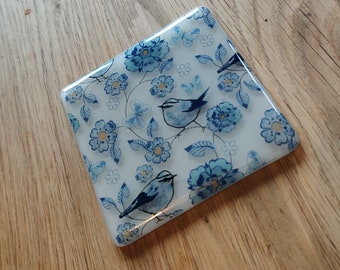 Blue Tit and Flowers Pattern Printed Glass Coaster