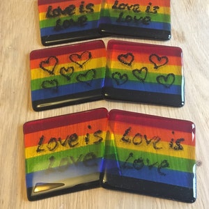 Gay Pride Rainbow Flag Handmade Glass Coaster. LGBTQ, lesbian, homosexual, NHS, queer, bright colours, drag, bisexual, stripes, riot, parade image 4