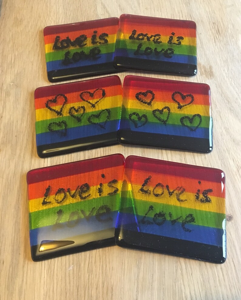 Gay Pride Rainbow Flag Handmade Glass Coaster. LGBTQ, lesbian, homosexual, NHS, queer, bright colours, drag, bisexual, stripes, riot, parade image 4