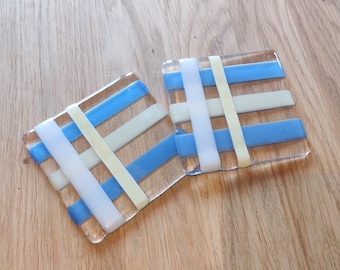 Perpendicular White, Clear and Periwinkle Blue Stripes Coaster