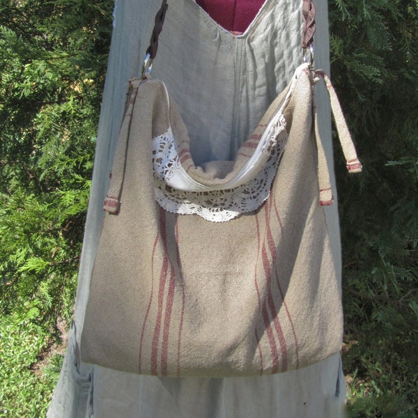 Brown n Red Rustic Grain Sack Purse ~ Rural Farm Feed Sack Purse ~ Recycled Shoulder Tote Bag , Vintage, Antique, Americana