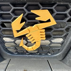 May include: A gold scorpion emblem is mounted on a black honeycomb grille. The scorpion is a detailed, three-dimensional design, with its claws and tail clearly visible. The emblem is centered on the grille.