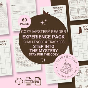 May include: A collection of printable Cozy Mystery Reader Experience Pack pages. The design features a pink and brown color scheme with text that reads "Cozy Mystery Reader Experience Pack Challenges & Trackers". Includes bingo cards and trackers.