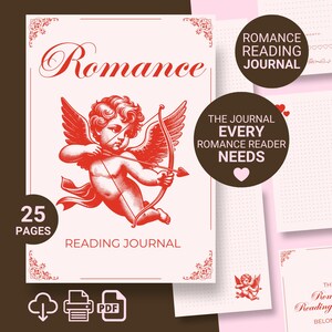 May include: A pink reading journal with the word "Romance" in a decorative font and a red illustration of Cupid with a bow and arrow. The journal has 25 pages and the text "Reading Journal".