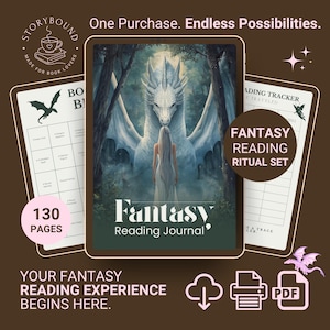 Może przedstawiać: Zestaw rytuałów czytania fantasy z dziennikiem, trackerem czytania i kartą bingo. Okładka dziennika przedstawia kobietę i białego smoka w lesie. Zestaw zawiera 130 stron i tekst "Your fantasy reading experience begins here."