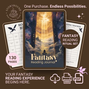 Może przedstawiać: Zestaw rytuałów czytania fantasy z dziennikiem, trackerem czytania i 130 stronami. Dziennik zawiera ilustrację krajobrazu fantasy. Tekst zawiera "Fantasy Reading Journal" i "Your Fantasy Reading Experience Begins Here."
