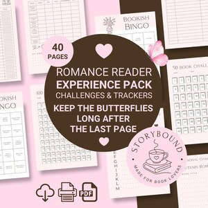 Op de afbeelding: Een roze en wit Romance Reader Experience Pack met uitdagingen en trackers. Het pakket bevat 40 pagina's en heeft een vlindergrafiek. De tekst luidt: "Houd de vlinders lang na de laatste pagina".