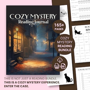 Może przedstawiać: Dziennik czytelnika i zestaw z tekstem "COZY MYSTERY Reading Journal" i "COZY MYSTERY READING BUNDLE". Okładka dziennika przedstawia scenę uliczną z ciepłym oświetleniem. Zawiera ponad 165 stron i opcję pobierania PDF.
