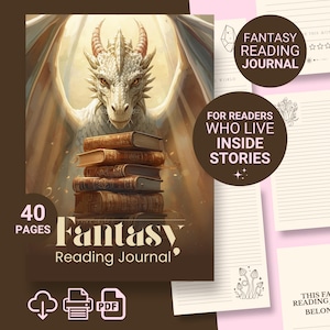 Może przedstawiać: Fantastyczny dziennik czytelnika z ilustracją smoka. Okładka przedstawia stos starych książek ze smokiem z tyłu. Dziennik ma 40 stron i zawiera tekst "Fantasy Reading Journal".