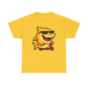 Retro Pixel Baby Shark Unisex Heavy Cotton Tee, Fun Graphic Tee, Gamer Shirt, Gift for Shark Lovers, Summer Casual Wear, Retro T-Shirt