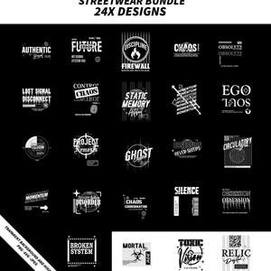 May include: A collection of 24 black and white streetwear designs. Each design features striking typography and graphics, with words such as "Authentic," "Future," and "Chaos." The designs are presented on a black background.