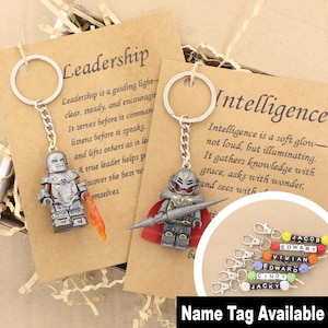 May include: Two metal keychains featuring miniature robot figures attached to brown cards with the text Leadership and Intelligence. One figure is silver with an orange flame, the other is grey with a red cape. Six small name tag keychains are included.