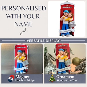 May include: A red telephone box ornament with a couple embracing, labelled "London Trip" and "2026". The ornament can be used as a magnet or hung on a tree. The text "Harry & Meg" is also visible.