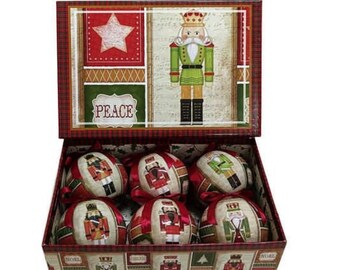 Christmas Tree Set of 6 pcs Nutcrackers Decoration Xmas Hanging Baubles- 7.5cm Decoupage Balls