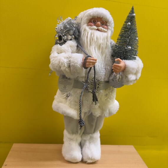Standing Christmas Santa Claus Figurine 45 cm / 17.7, Father Christmas with Holding Tree, Holiday Decoration, Under Tree Decor White Colour Standing Christmas Santa Claus Figurine 45 cm / 17.7, Father Christmas with Holding Tree, Holiday Decoration, Under Tree Decor White Colour