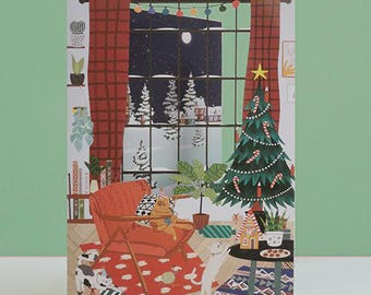 Christmas Paper Cut Greetings Card- Christmas House with Pets Scene Xmas Keepsake Gift