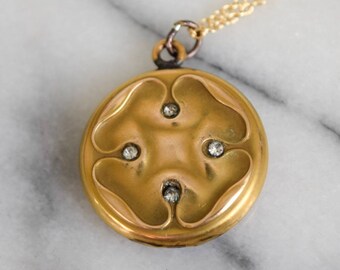 Antique Locket With Clover Design and Rhinestones c.1900