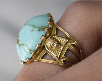 Antique Egyptian Revival 14k Gold Pharaoh Head Turquoise Ring