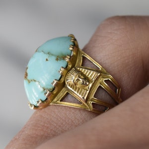 Antique Egyptian Revival 14k Gold Pharaoh Head Turquoise Ring