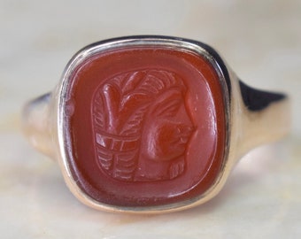 Antique Victorian 14k Gold Carved Carnelian Egyptian Woman Cameo Ring