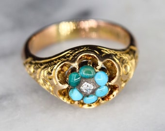 Antique 15k Gold Ring With Turquoise and Rose Cut Diamond
