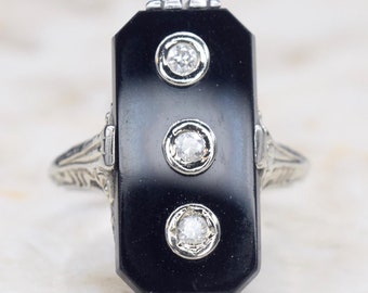 Antique Art Deco 14k White Gold Onyx Three Diamond Ring C