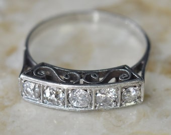 Antique Edwardian 18k White Gold Five Stone Band Ring