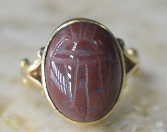 Vintage 14k Gold Jasper Scarab Ring c.1970s