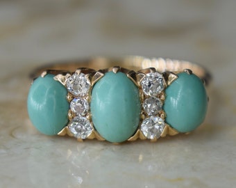 Antique Victorian 14k Gold Turquoise and Old Mine Cut Diamond Ring c.1890s