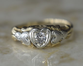 Vintage 14k Gold Heart Ring with .15 ct Diamond c.1950s