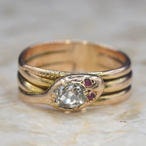 Antique Victorian 14k Gold Snake Ring with .65ct Old Mine Cut Diamond
