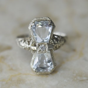 Antique Art Deco 14k White Gold Bow Tie Aquamarine and Diamond Ring
