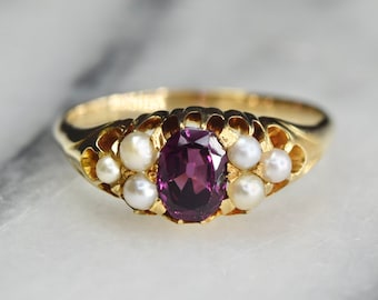 Antique Edwardian 18k Rhodolite Garnet and Pearl Ring