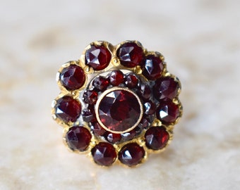 Antieke Victoriaanse 12k Gouden Granaat Cluster Ring