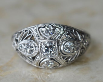 Antique Edwardian Platinum and Old European Cut Diamond Filigree Ring c.1910