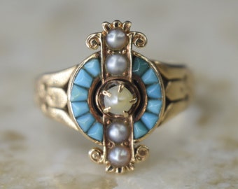 Antique Victorian 14k Gold Ring with Turquoise and Seed Pearls Dated 1887