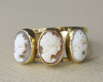 Vintage 14k gouden drievoudige cameo-ring, ca. 1970