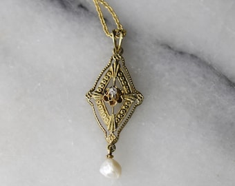 Antique Edwardian 14k Gold Lavaliere Charm with Diamond and Pearl