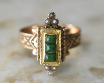 Antique Victorian 14k Gold Green Turquoise and Seed Pearl Ring c.1880s