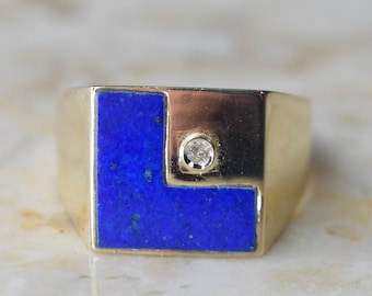 Vintage 14k Gold Lapis Lazuli and Diamond L Monogram Signet Ring