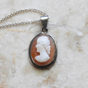 Vintage Carved Shell Cameo Sterling Silver Charm Necklace