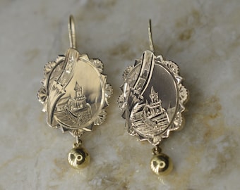 Antique Victorian 14k Gold Scenic Castle Hand Engraved Earrings