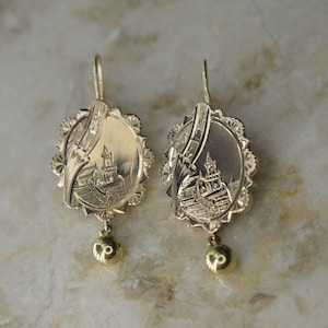 Antique Victorian 14k Gold Scenic Castle Hand Engraved Earrings