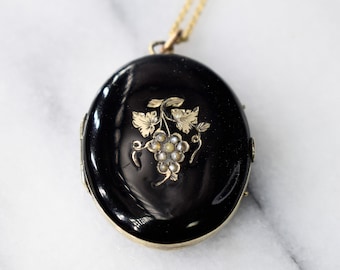 Antique 14k Gold Grape Locket with Enamel and Seed Peals c.1880s