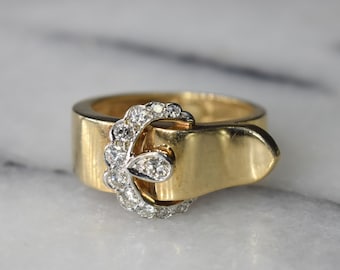 Vintage Buckle Ring 14k Gold with Diamonds c.1950s